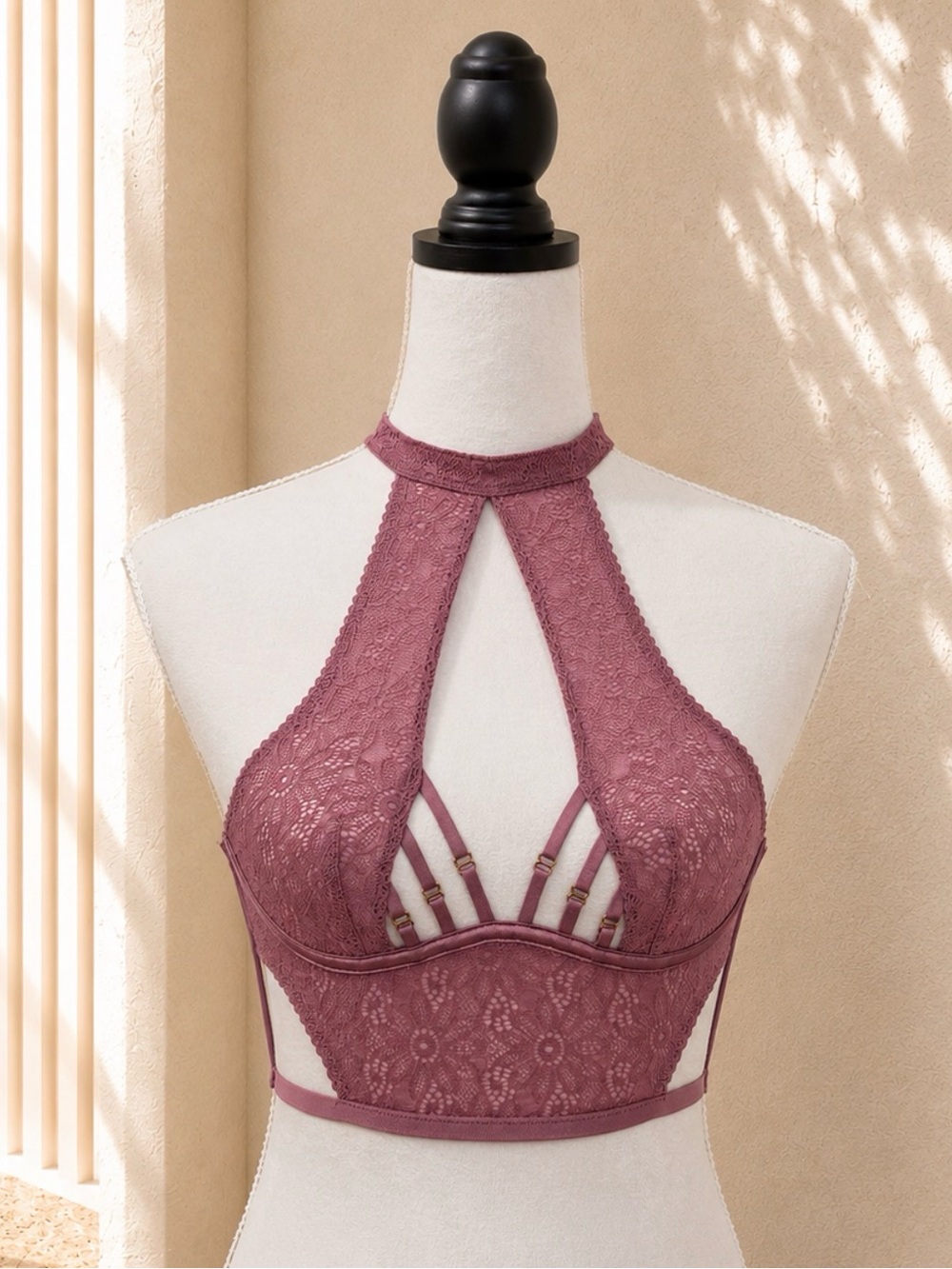 Victoria’s Secret Mauve Lace High Neck Strappy Bralette XS 32D 34C 36B